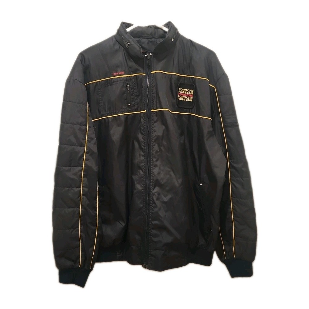 VTG 80s Pierre Bonée Porsche Full Zip Racing Jacket Black Hidden Zip Hood 2XL
